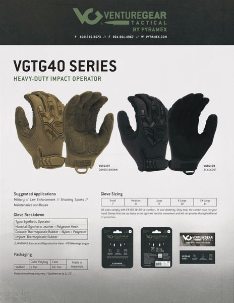 Тактические перчатки противоударные Venture Gear Tactical VGTG40 Heavy-Duty Impact Operator, черные VGTG40B фото